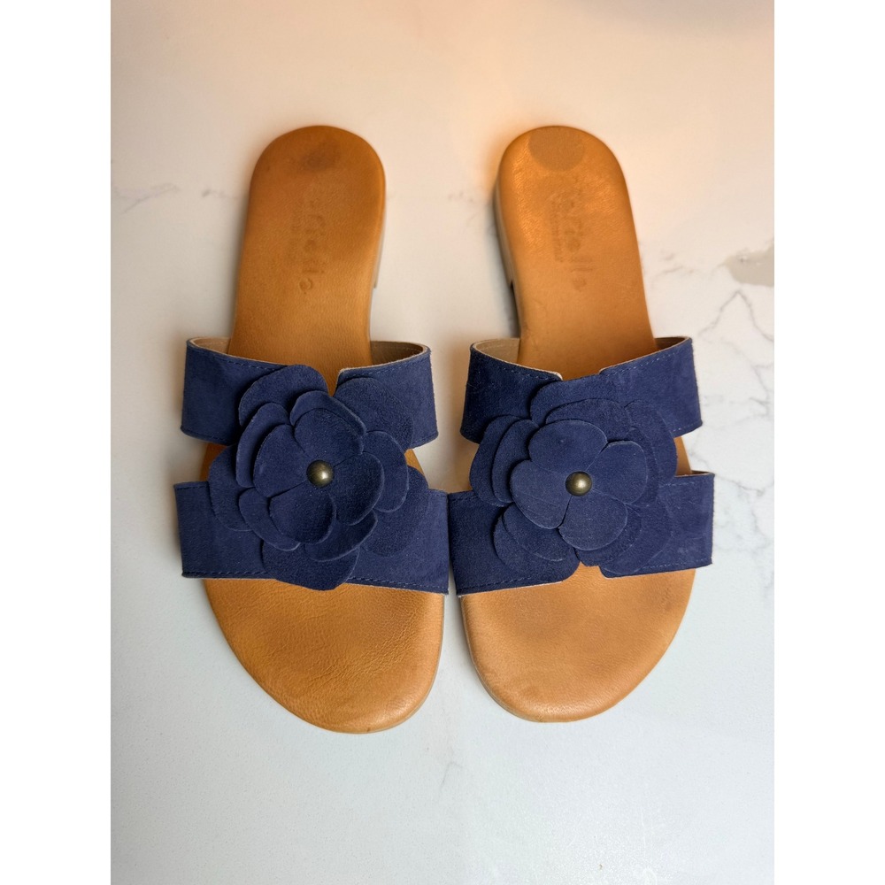 Toriella Navy Blue Suede Flower Sandals Womens Flat Slip On Shoes Size 8.5